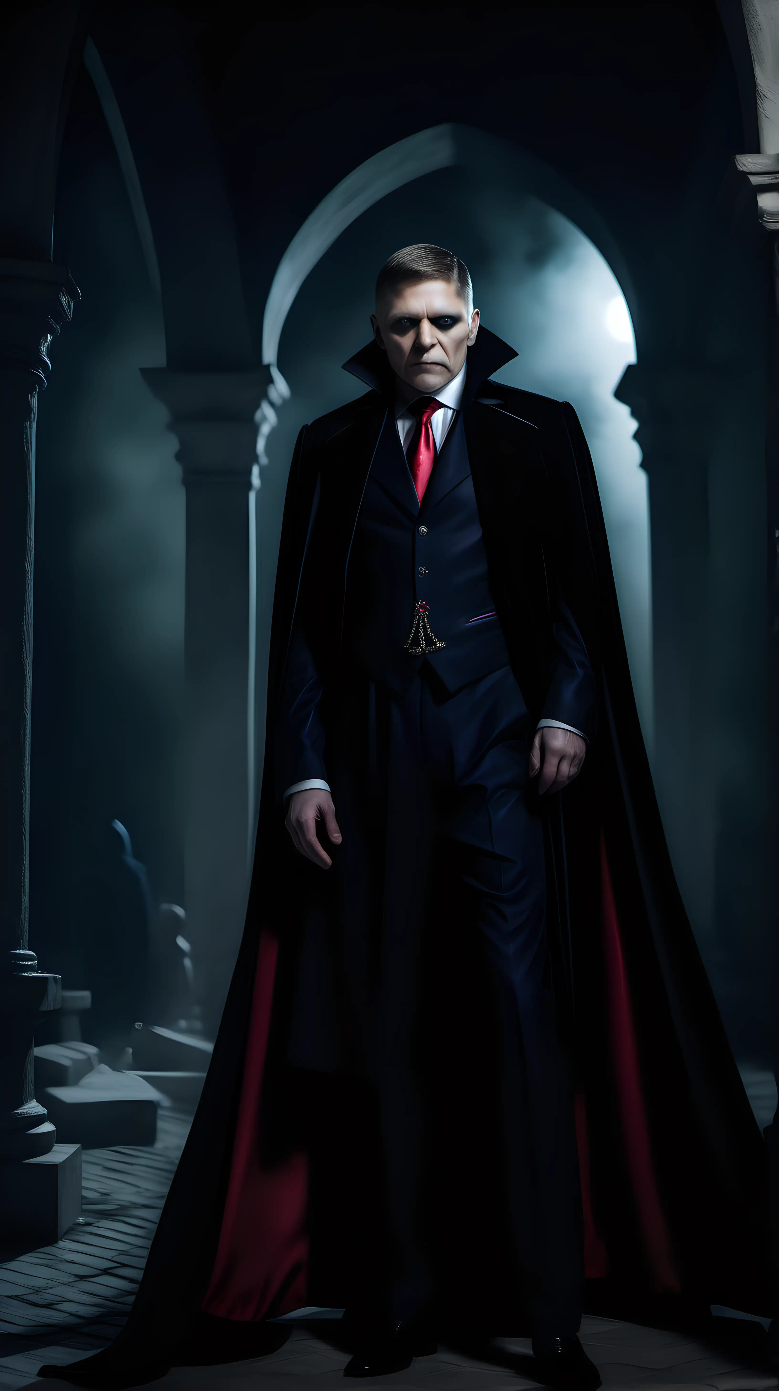 Robert Fico strikes a pose as a count Dracula. very dramatic, cinematic atmosphere, ultrarealistic 8k UHD