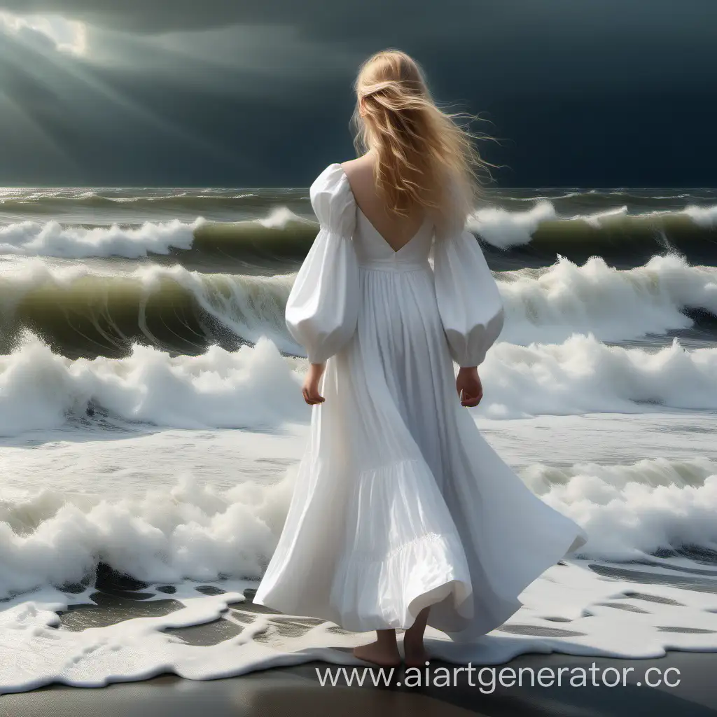 Девочка 14 лет с русыми волосами, белое длинное платье с длинным пышным рукавом, стоит на берегу бушующего океана, стоит повёрнутая спиной, максимальная реалистичность 