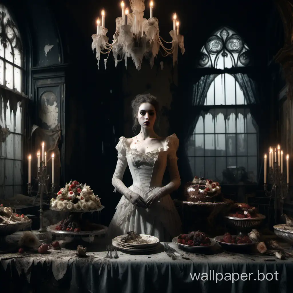 hyper realistic portrait, woman with clear facial features, dark romance, wearing a tattered and torn lace wedding gown reminiscent of a bygone era, standing before an ornate crumbling wedding cake on a banquet table. Surrounded by decaying grandeur - large wilted flower arrangements, tarnished silverware, and rotting fruit bowls. The decrepit room, a relic of its former splendour, paint peeling, illuminated by shafts of light filtering through moth-eaten curtains. Render this scene with hyper-realistic detail, infusing a modern Victorian gothic, aesthetic of 'Great Expectations.' 8k ::style raw --s750 --c10