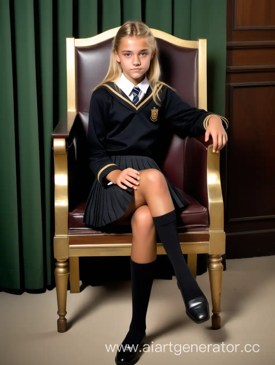 Tanned Blonde Girl aged 18 years old in black school uniform, Pleated skirt with gold border, Sitting in a rich armchair, one foot on the other