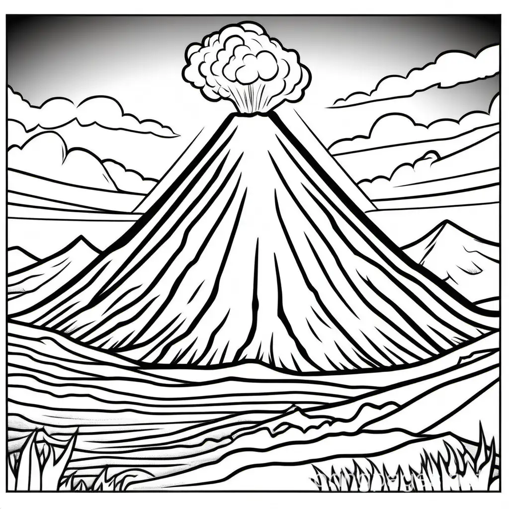 volcano, Coloring Page, black and white, line art, white background, Simplicity, Ample White Space. The background of the coloring page is plain white to make it easy for young children to color within the lines. The outlines of all the subjects are easy to distinguish, making it simple for kids to color without too much difficulty