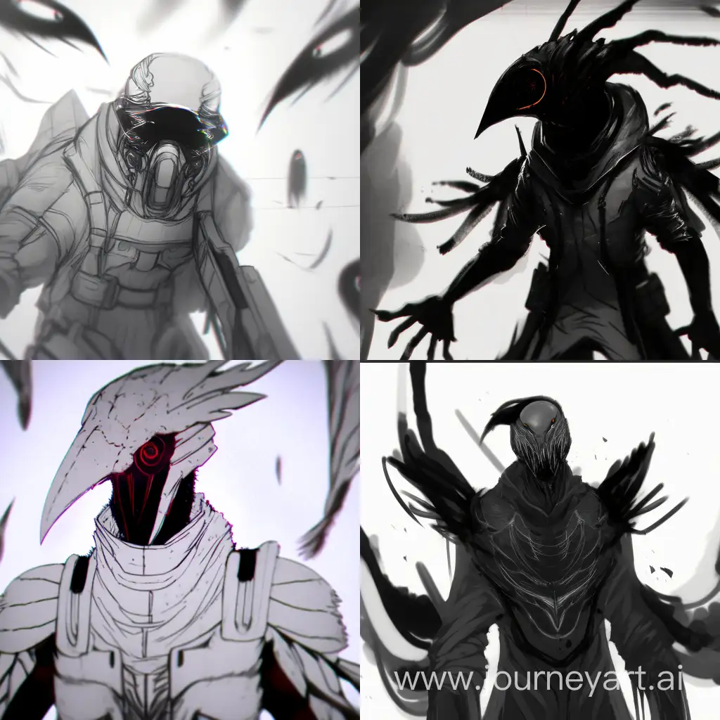 Concept art, infected soldier,   raven mutamt, eyesless scp creature, white frames