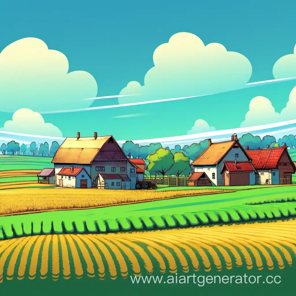 Поле, деревня, ферма, голубое небо, 2d