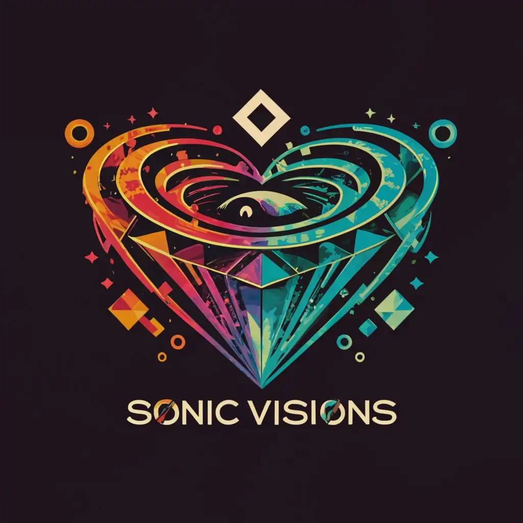 a logo design,with the text "Sonic Visions", main symbol:fractured diamond that is vaguely heart-like inside psychedelic spinning black hole galaxy hurricane with Sonic the Hedgehog font,Moderate,be used in Entertainment industry,clear background