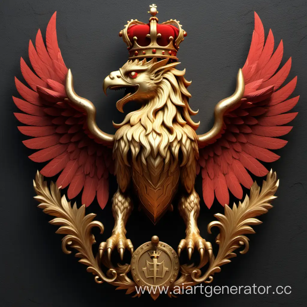 Эмблема красного цвета, а внутри золотой грифон с короной на голове