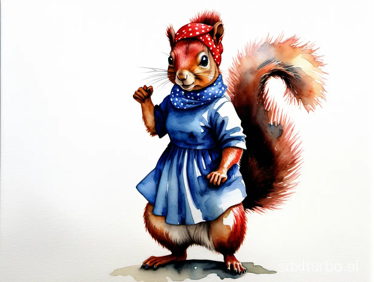 squirrel with red headscarf and blue dress in the pose of 'we can do it', highly detailed watercolor painting