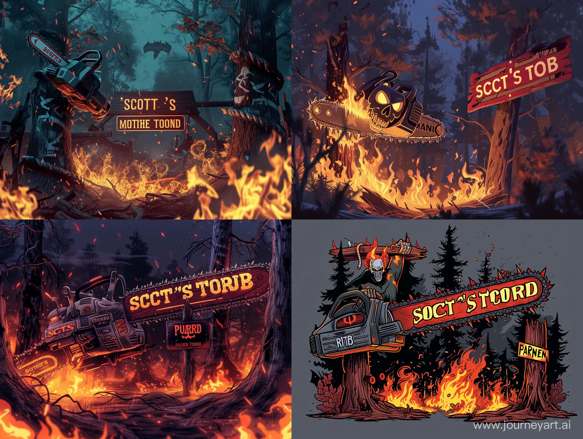 Make a badass chainsaw design with fire around and trees saying Scott’s timber and somewhere out the punisher sign