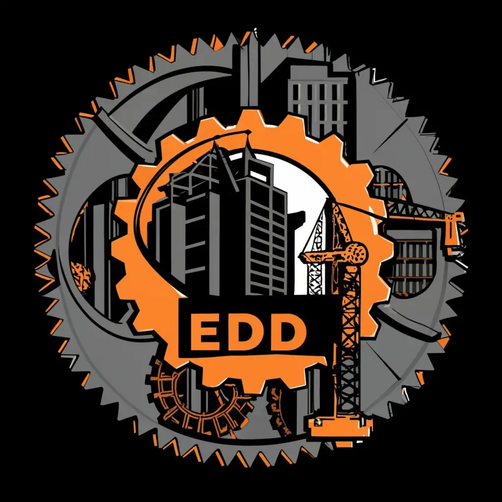 a logo design, with the text 'EDD', main symbol: Oil Rod Pump and Buildings construction and Mechanical Gear symbol, orange and black color, remove background. 2D shape, complex, to be used in Events industry, white background