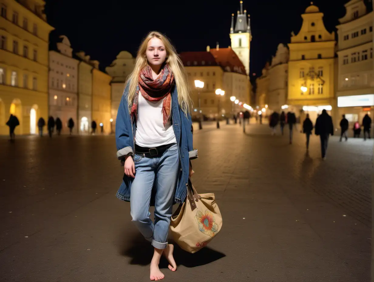 Hippie Style Blonde Girl in Pragues Crowded Winter Night