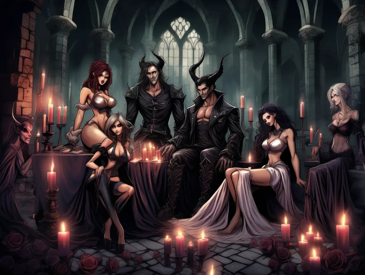 Dark-Fantasy-Art-Evil-Lord-and-Three-Succubi-in-a-Haunting-Castle-Setting