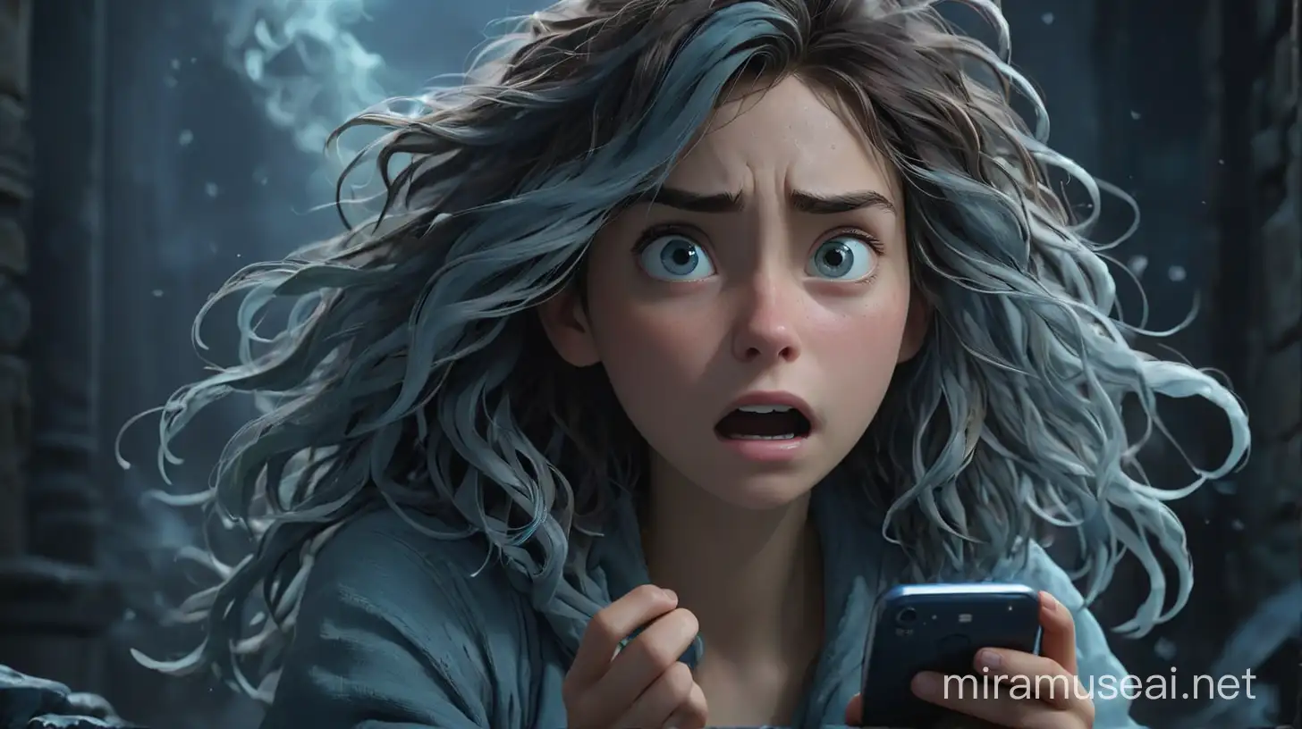 In 3D pixar animation, generate a YouTube thumbnail in an elemental horror style. A young woman in her early 20s, with long, disheveled hair, is bathed in an unnatural, cold blue light. Her expression shows a mix of despair, fear, and resignation. In the foreground, she clutches a smartphone tightly, with the Onlyfans logo faintly glowing on the screen. The phone itself appears slightly aged or worn. Dark, shadowy tendrils of smoke or mist reach out from the edges of the frame, swirling ominously towards the woman. These tendrils have a subtle reddish glow at the tips.