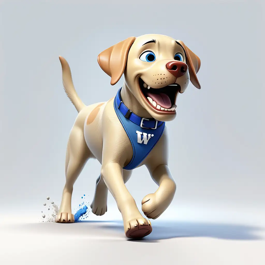 labrador dog in 3d illustration, white background, blue colar on neck with a W on it, pixar style, closed mouth, 100% white background, full body shot, from the side, running




