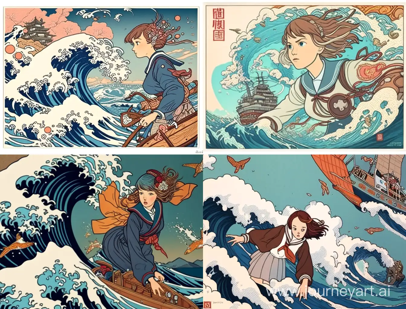 japanese anime poster of a retro, dynamic energy and rich detail, in a style of marries manga with steampunk aesthetic, detailed line art and a muted color scheme dominated by shades of blue and brown.A girl who is a friend of the ocean, floating on the ocean, floating in the sea, a girl covered with cotton in a small wave, a quiet world, a warm space, a girl who is dumbfounded in the sky