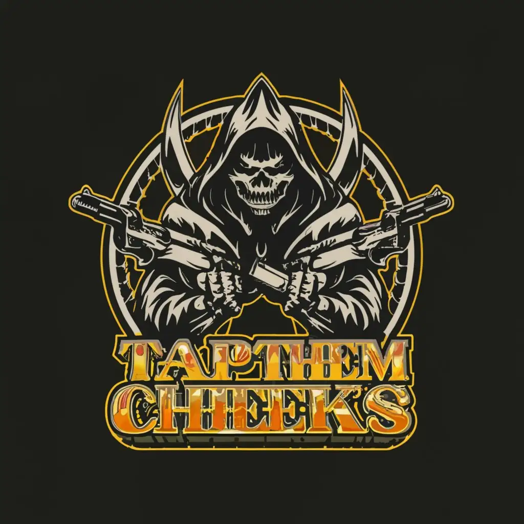 a logo design,with the text "TapThemCheeks", main symbol:Demonic reaper shielding guns,complex,be used in Entertainment industry,clear background