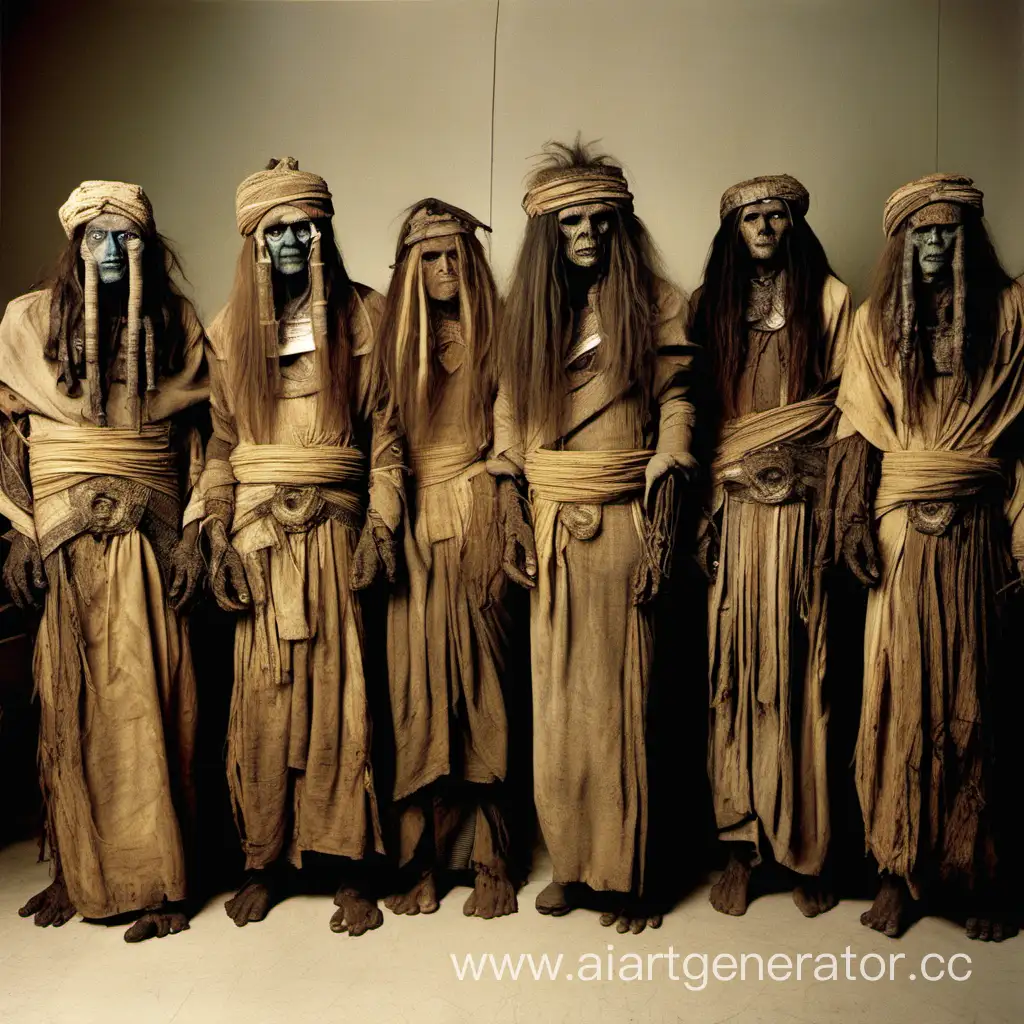 Семь мумий стоят возле мужчины с длинными волосами