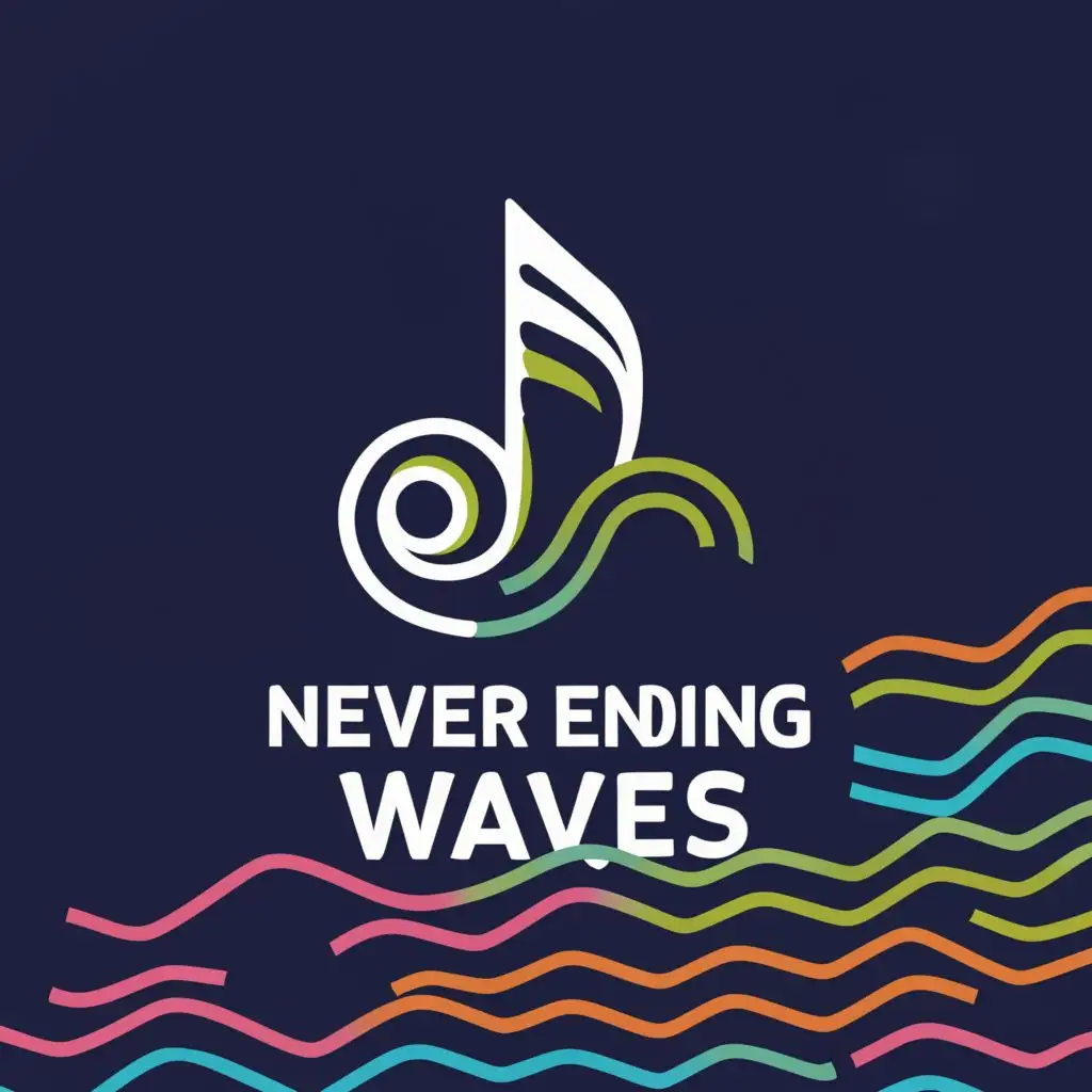 a logo design,with the text "never ending waves", main symbol:music , back ground colourful,Moderate,clear background