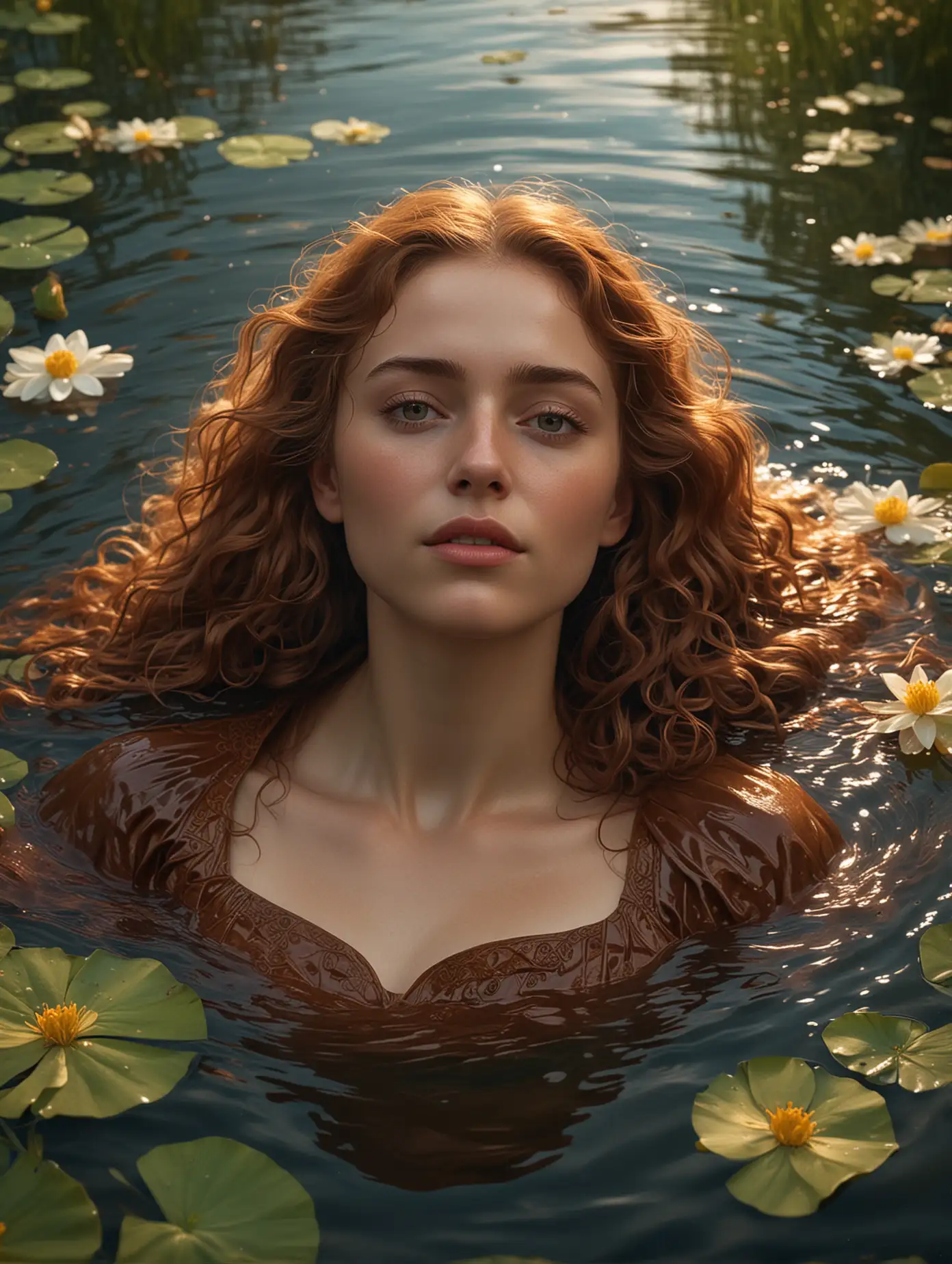 aerial view, close up portrait, photo by Sir John Everett Millais, Ophelia, exquisite chiaroscuro lighting and composition, 8k, very detailed, high resolution, woman with long wet auburn curly hair, brown robe, floating on her back in a lake, hair in the water, armas spread appart, surrounded by floating flowers, sunset, illustration, artstation, concept art, smooth, sharp focus, award winning work, PA7_Portrait-MCU