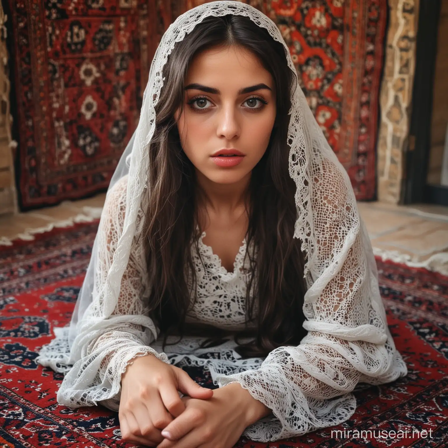 Angry Veiled Woman Sitting on Afghan Rug in Traditional House