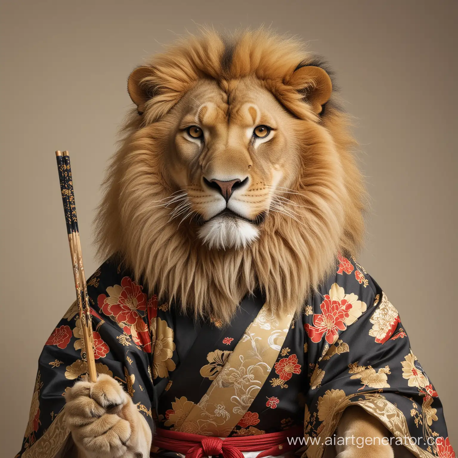 The lion in an imperial Japanese costume with Japanese chopsticks
