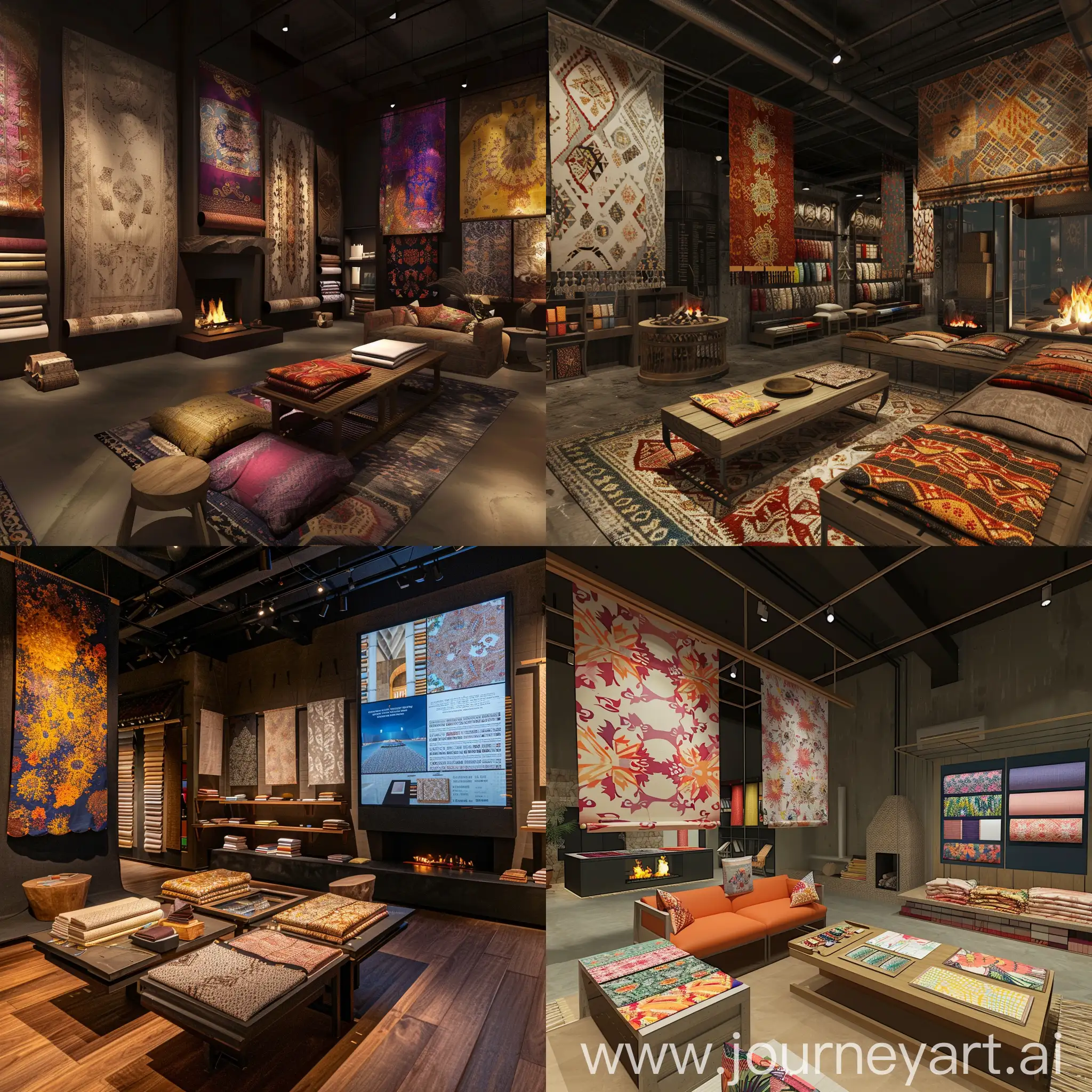 fabri shorwroom interior inspired by indonesian culture mix with modern, with hang display, seating area, display table, fire place, samples display, and fabric virtual visualisation screen on the wall.