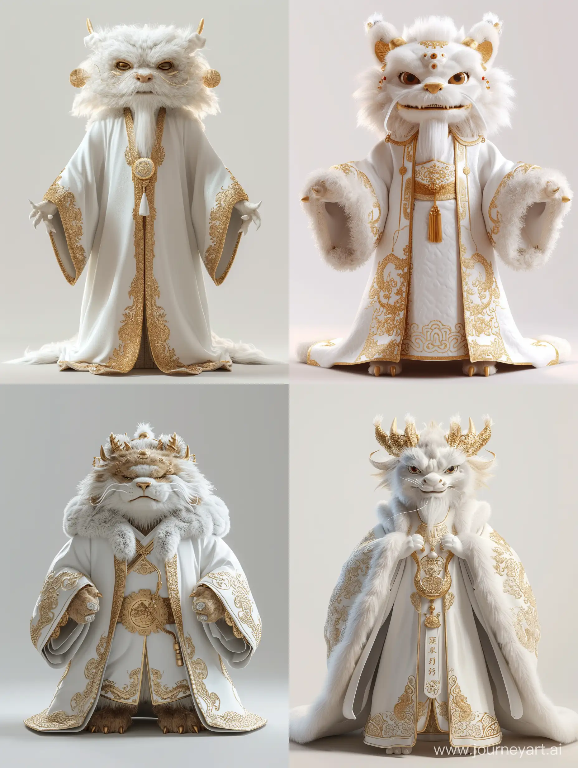 Handsome Chinese dragon, white and gold based ancient Chinese robe, fluffy fur, cute features, clean background, front, character IP design, 3D, OC rendering, C4D,cinematic lighting, ray tracing, UHD,anatomically correct, curate, super detail, high details, best quality, 16k