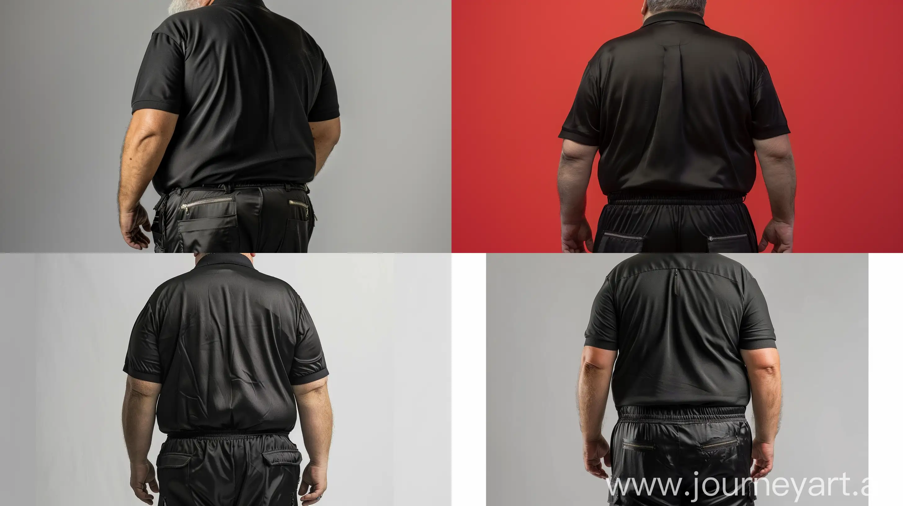 Back view close-up photo of a fat man aged 60 wearing a silk black cargo pants zip pocket and a tucked in silk black polo shirt --style raw --ar 16:9