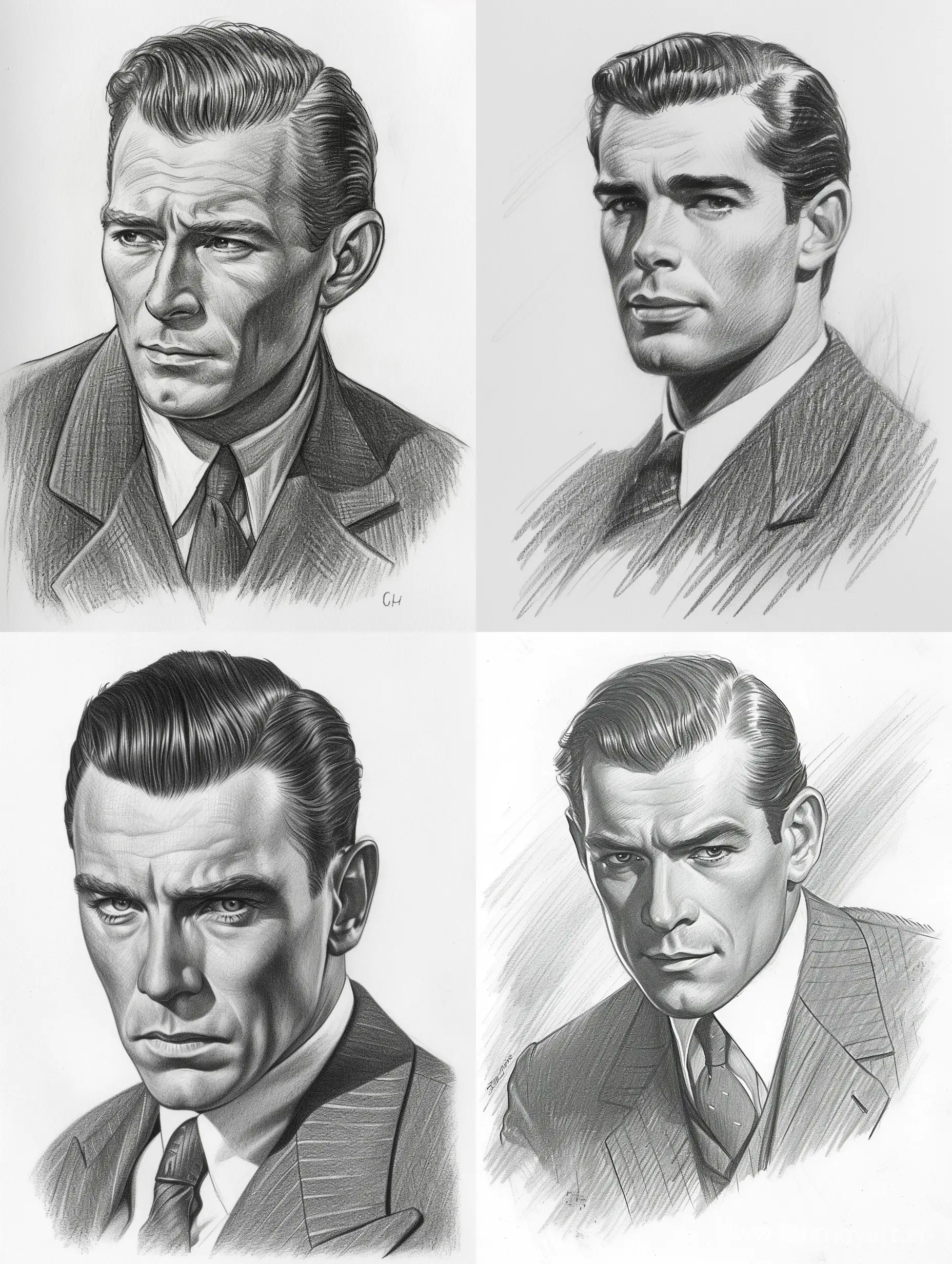 Pencil drawing of Handsome 1940s spy man, narrow face, wearing a suit, with slicked-back hair