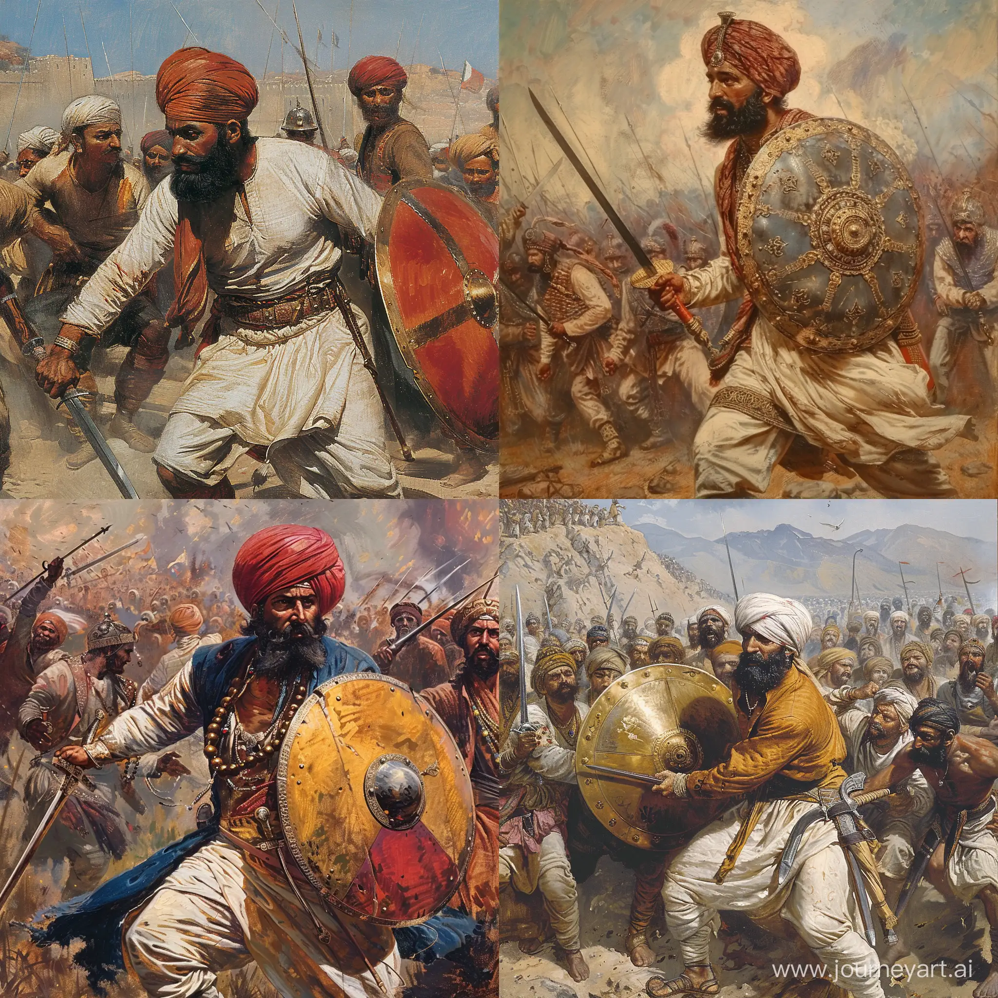 Mir-Sher-Mohammad-Khan-Baloch-in-War-with-Hindustan-Wielding-Shield-and-Sword