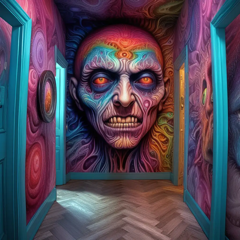 Hallucinogen, amazing colors, incredible detailed, highly detailed, stunning visuals, ultra realistic, life like, horror, haunting faces merged into the walls 