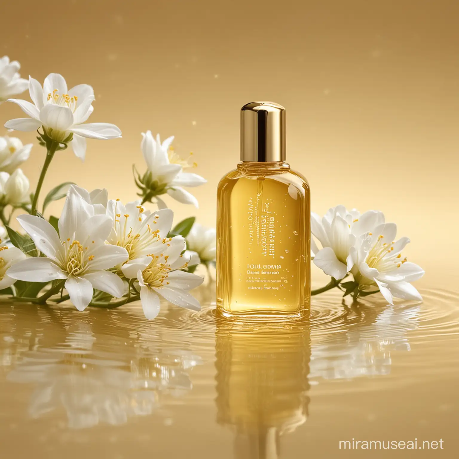 Product photography, a small bottle of golden moisturizer and white flowers next to water, flowing water vertically, soft lines, youthful vitality, clean, simple, golden background, using natural and real photography, focus on product, center composition, depth of field effect, 8k --ar 3:4 --s 750