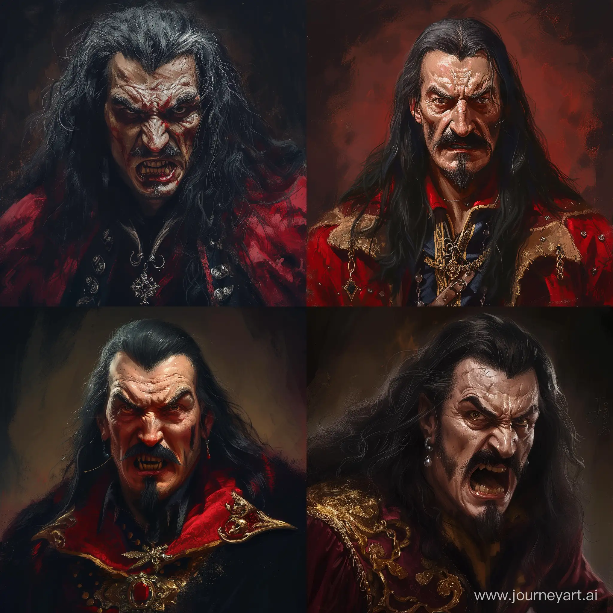 A portrait of Vlad the Impaler. Voivod Prince of Wallachia. He seems furious and proud. Realistic image.