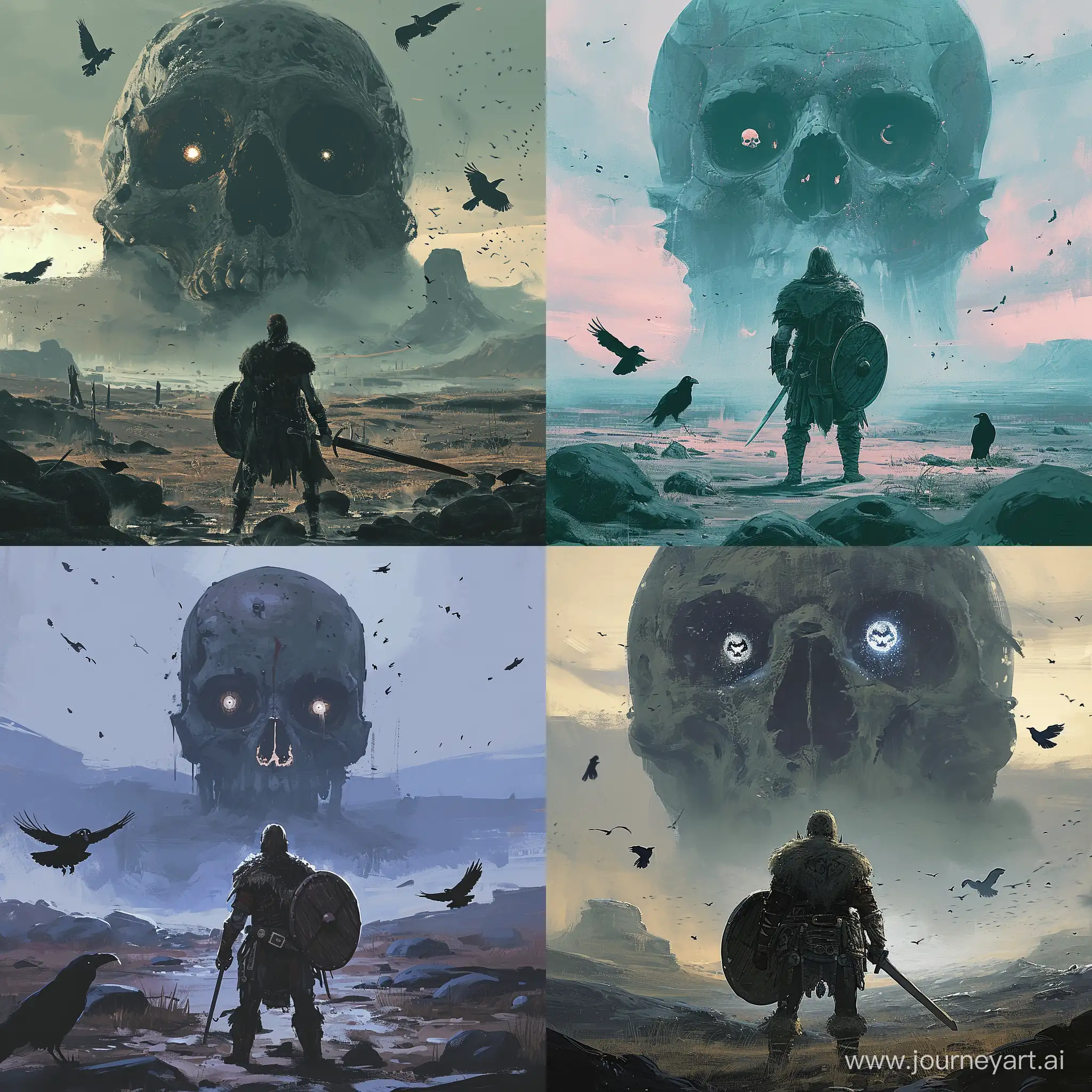 Lone-Warrior-Confronts-Giant-Skull-in-Desolate-Dusk-Landscape