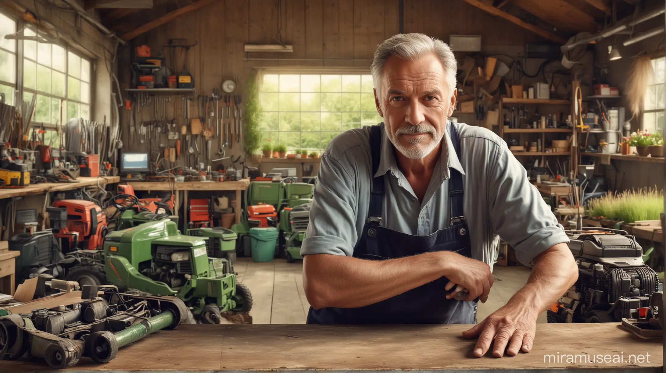 Describe an older handsome man behind a counter of an industrial workshop, surrounded by lawn mowers and garden equipment, digital art