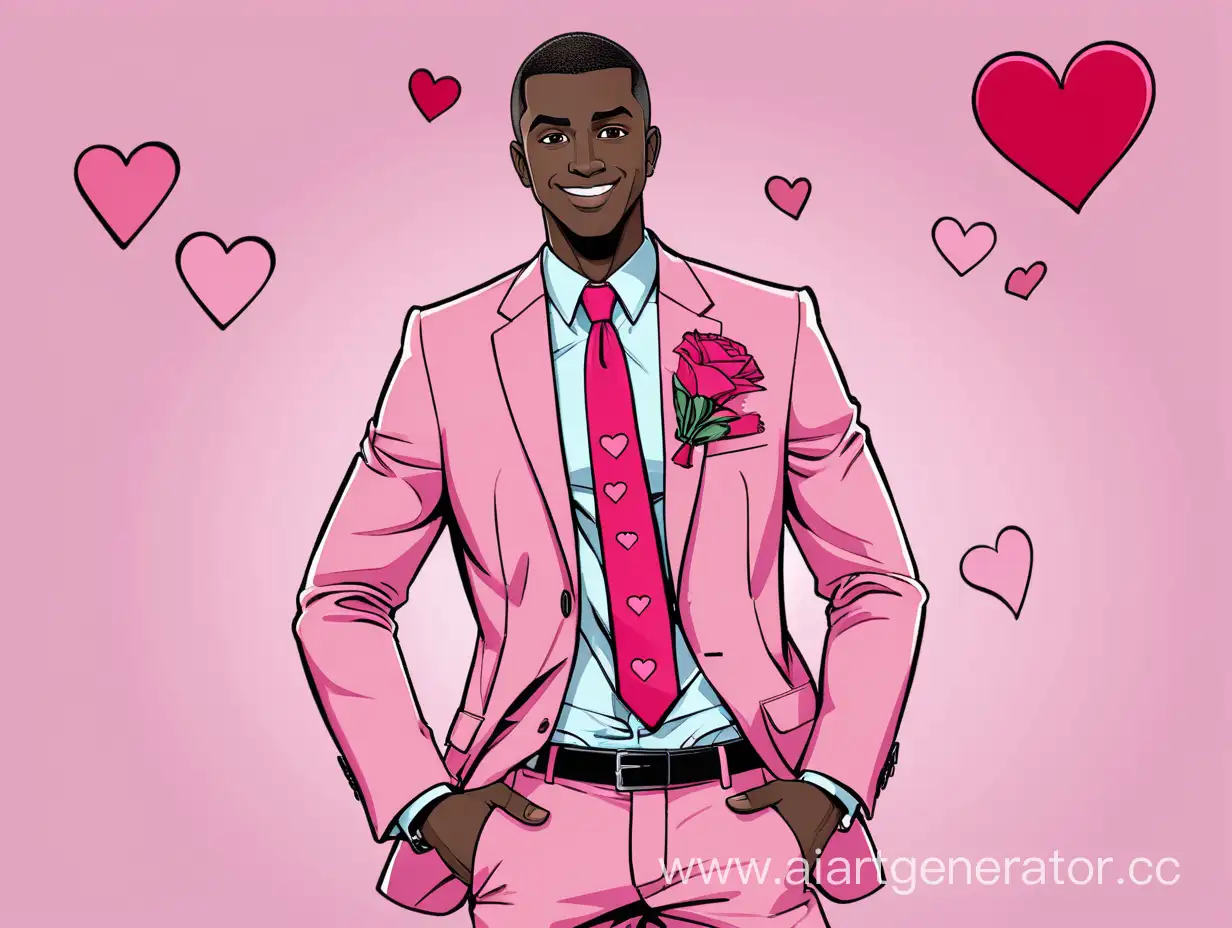 A dark-skinned guy, a little pumped up, with short hair, stands tall, with his hands in his pockets, he is dressed in a pink business suit with red hearts, smiling, and his trousers are also pink, you can see his bare abs, because the jacket is not buttoned, a red tie is also around his neck, holding a bouquet of red flowers in his hands
