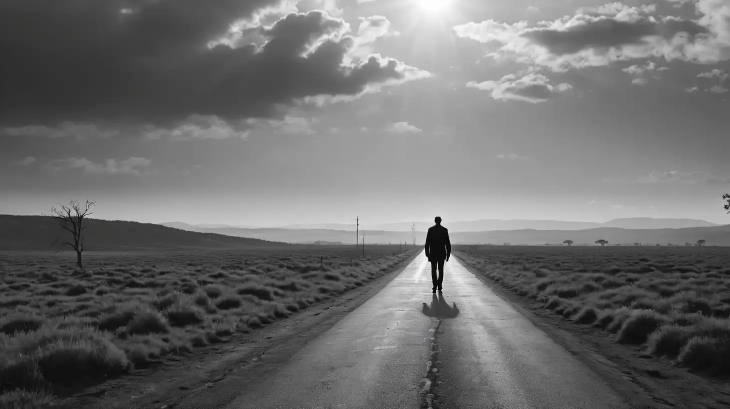 grayscale drawieng large silhouette of a lone man walking away down a wide road 
