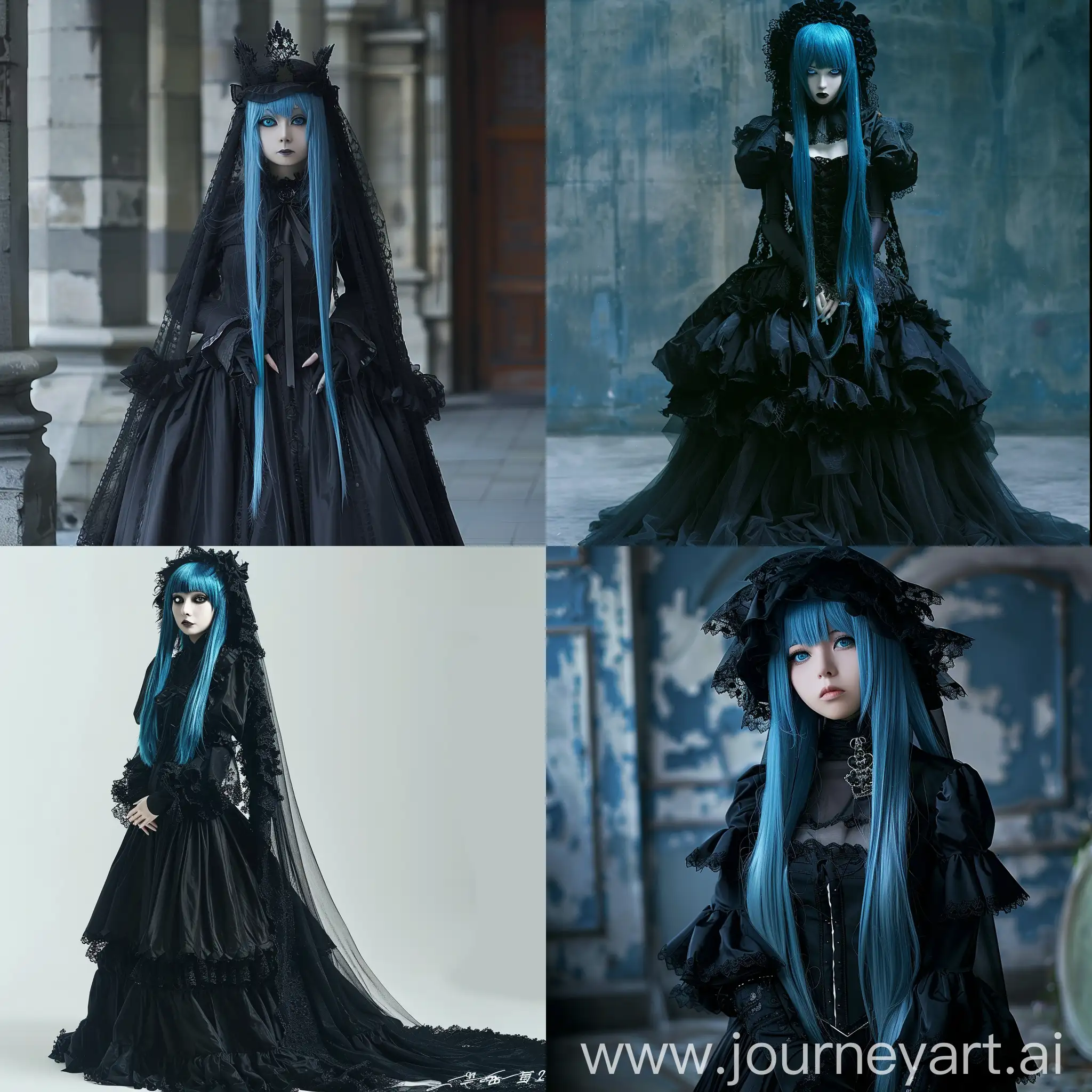 anime a woman dressed in black with blue hair, a long black wig and a large
