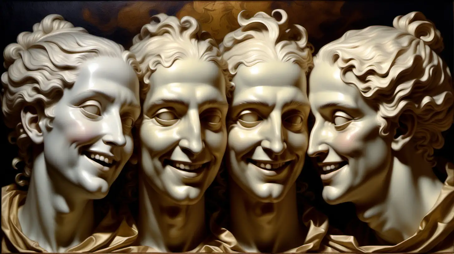 neoclassicism art of three faces smiling at each other, Jerzy, oil paint, Baroque, High Renaissance, Chiaroscuro, super detailed, HD, Insanely Creative, dirty, volumetric with a touch of cinematic, hyper detailed, chiaroscuro background, stylise--1000--, Martin nice, world must see, no one has ever seen, unique lighting.

