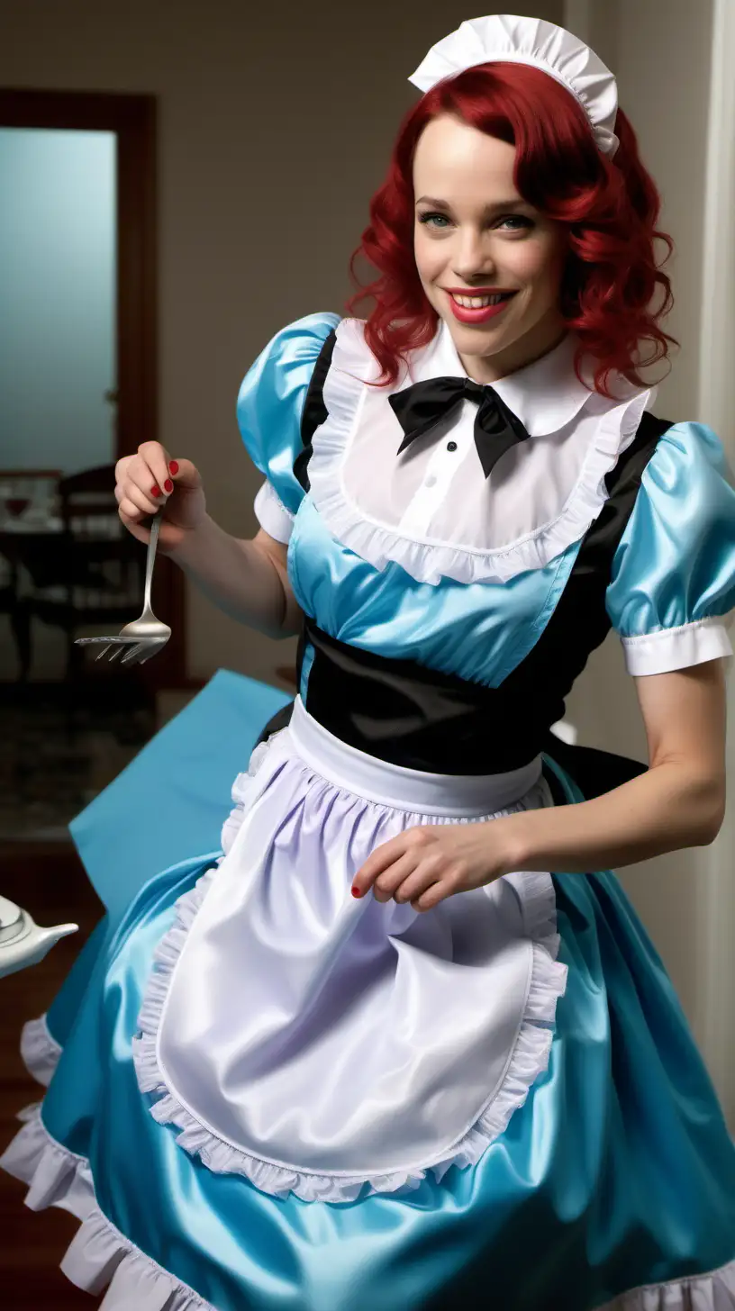 girls in long crystal silk   retro strong style sky BLUE and lila
 french maid gown with L apron and peter pan colar and long and short sleeves costume and milf mothers long blonde and red hair,black hair rachel macadams  smile in house