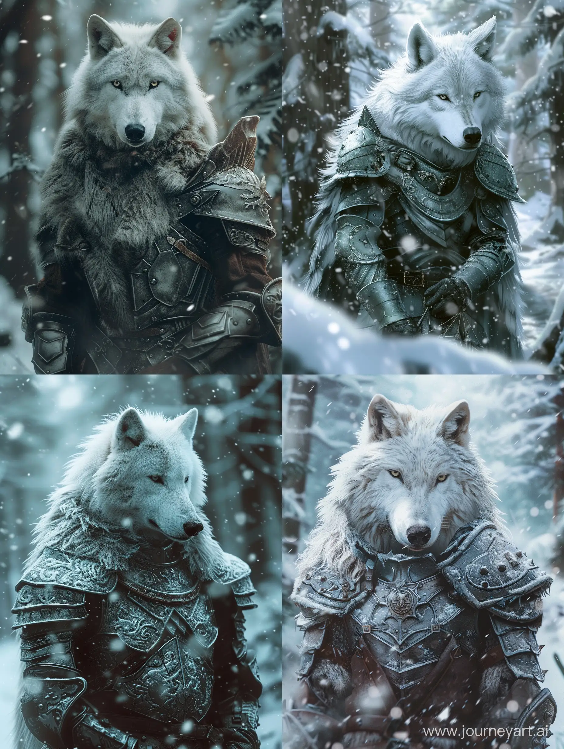 A white wolf dressed in armor stands in a snowy forest.