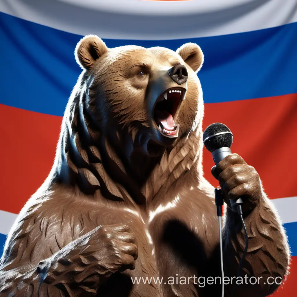 Русский Медведь с микрофоном в руке на фоне флага России, поёт патриотическую песню 