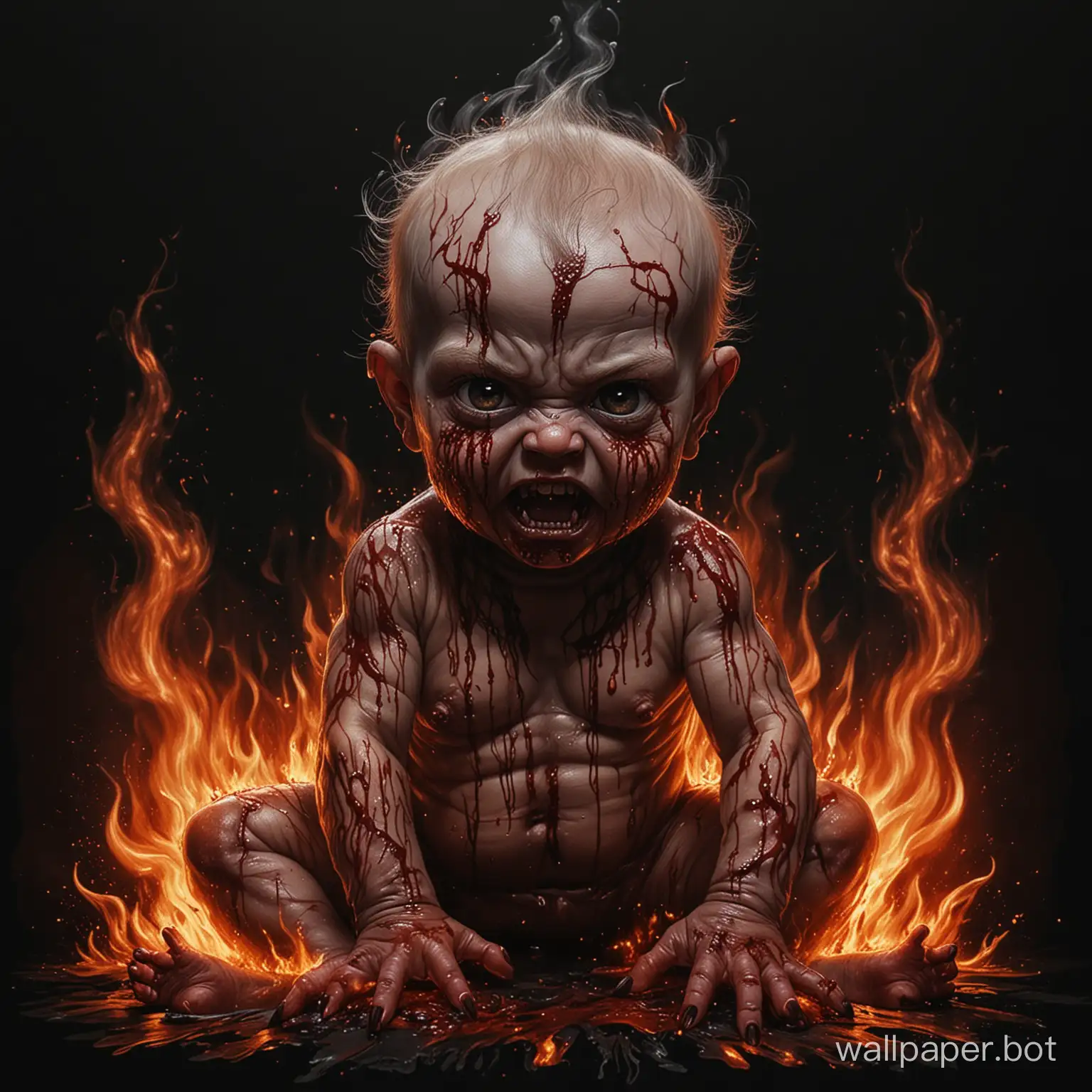 draw a scary, horrible, demonic baby on a black background, covered in blood and engulfed in flames