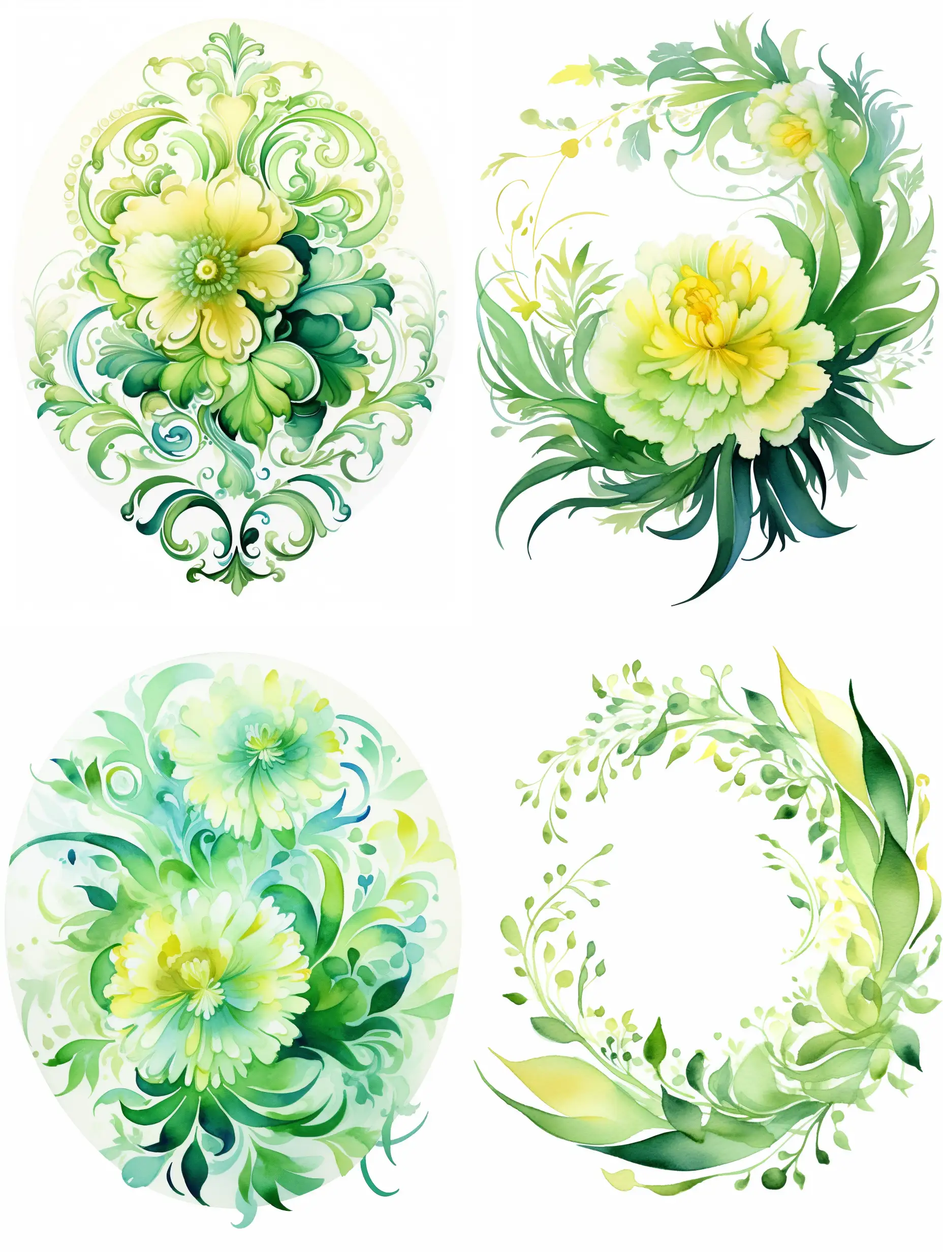 round ornament, with summer motifs, protruding elements of the visor, Baroque style, on a white background, with a predominance of green shades, vector cheerful style, watercolor, decorative, flat drawing