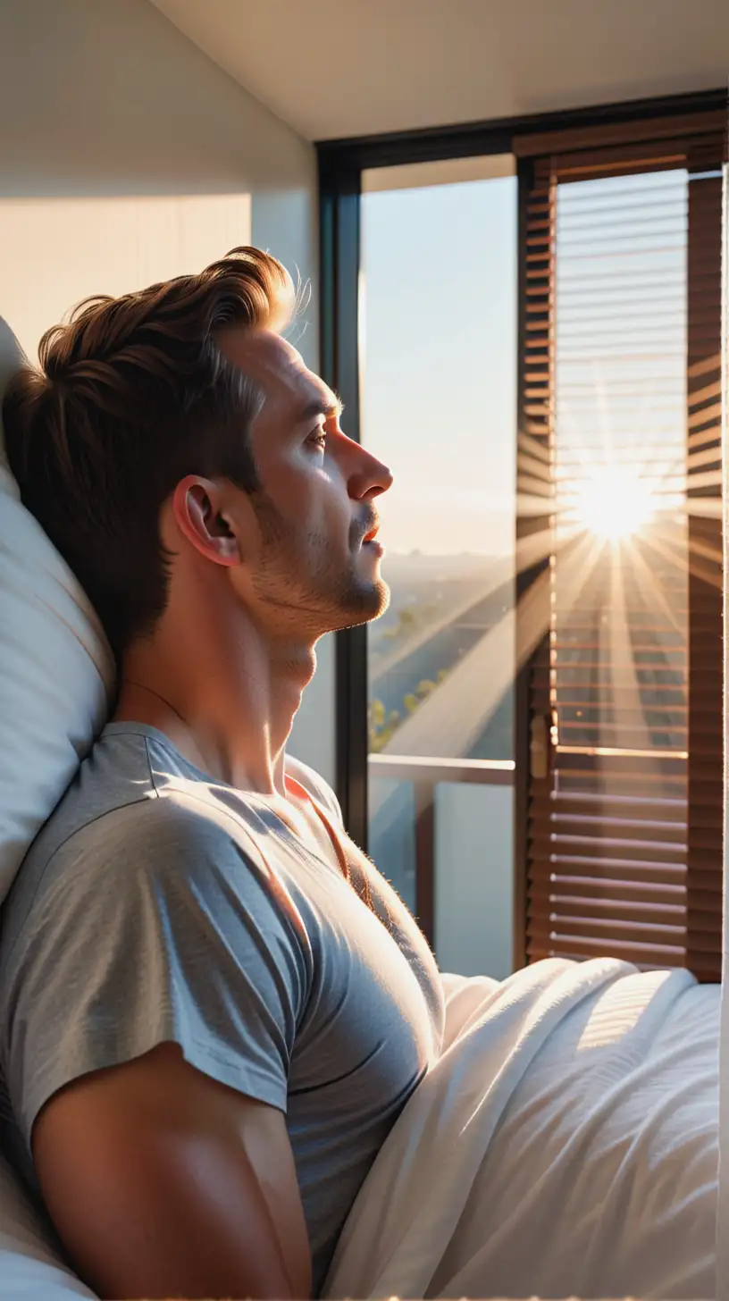 An overlook over a man’s shoulder waking up in bed looking at the sunlight VIVIDLY shining through the blinds showcasing early sunlight in the morning. 

