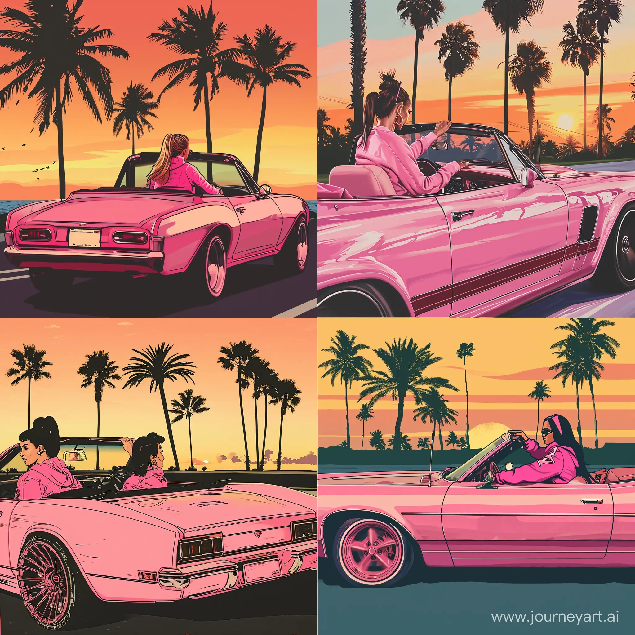 Woman-in-Pink-Tracksuit-Driving-Convertible-with-Palm-Trees-at-Sunset