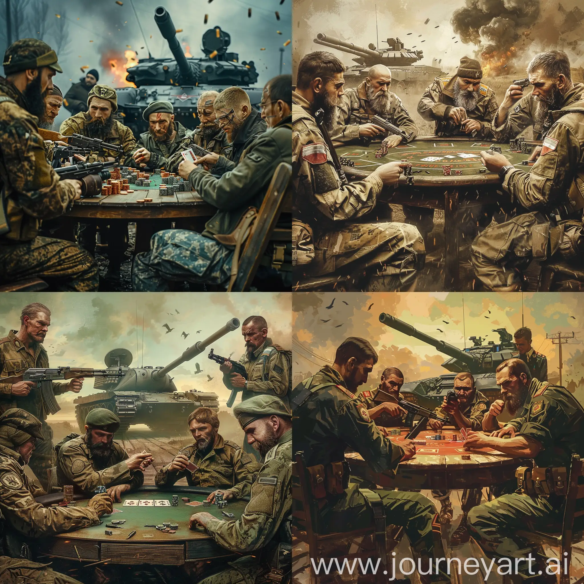 Men are sitting playing poker in military uniforms Russians are holding machine guns pistols grenade launchers knives in the background a tank is super realistic