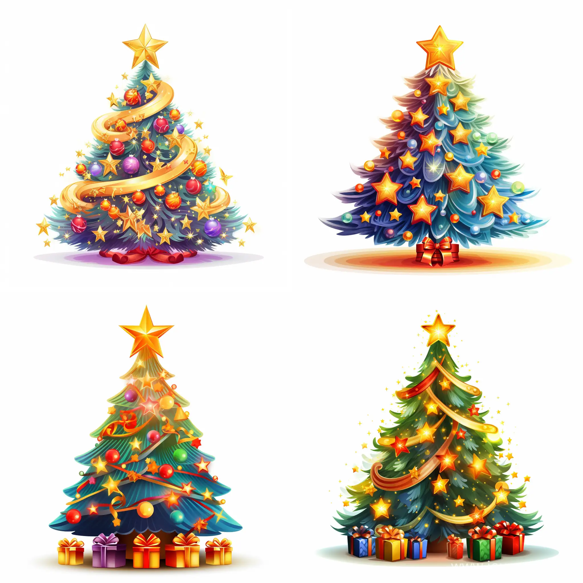 vector illustration, bright lighting, festive, a charming Christmas tree adorned with colorful ornaments and topped with a glowing star on a clean white background. In a joyful and whimsical style
