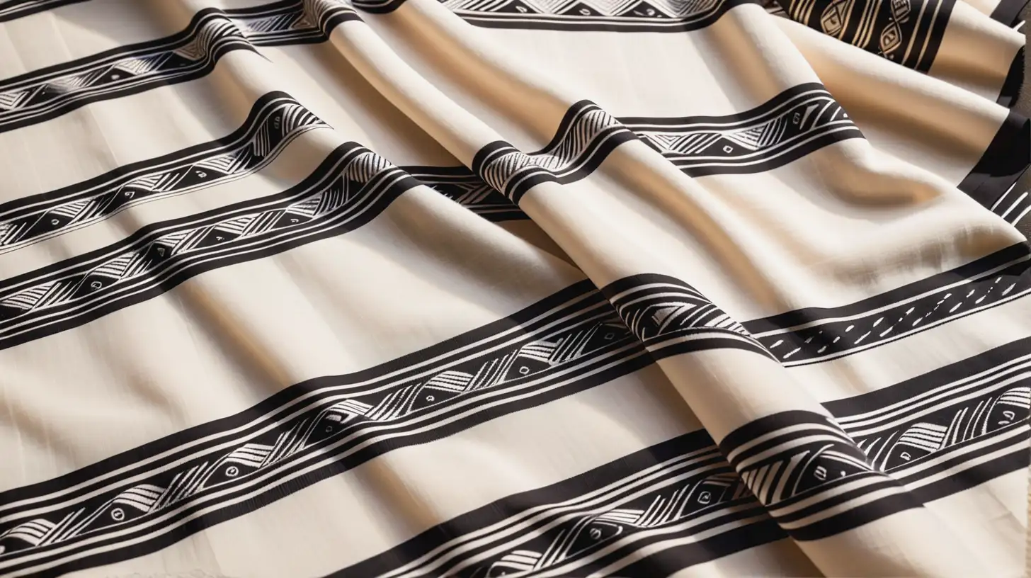 piece of flowing fabric with traditional xhosa print in cream and black
