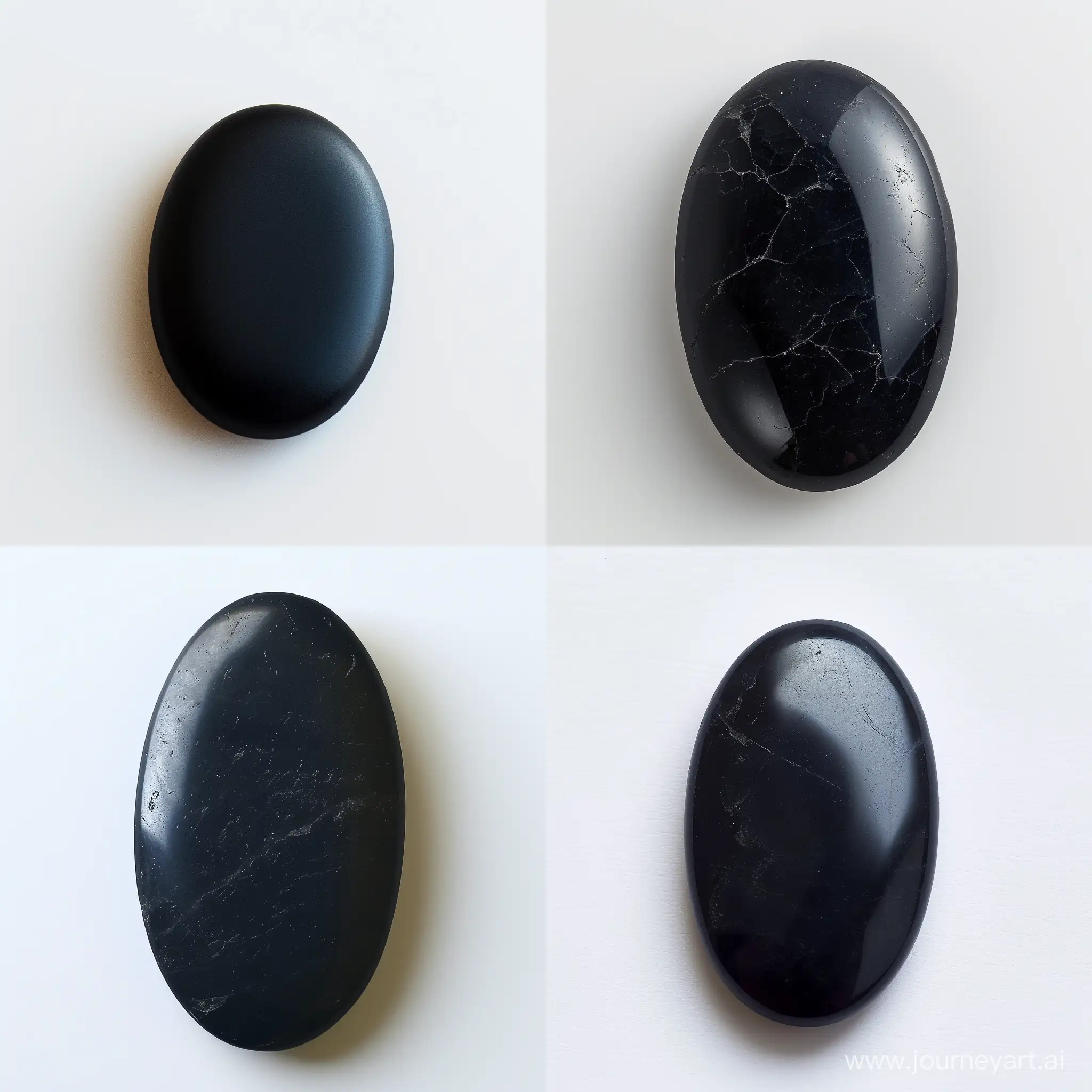 Beautiful stone one piece of oval shape dark black color matte texture monochrome slightly elongated horizontally polished cabochon of medium size on a white background view of the stone from above on a light background