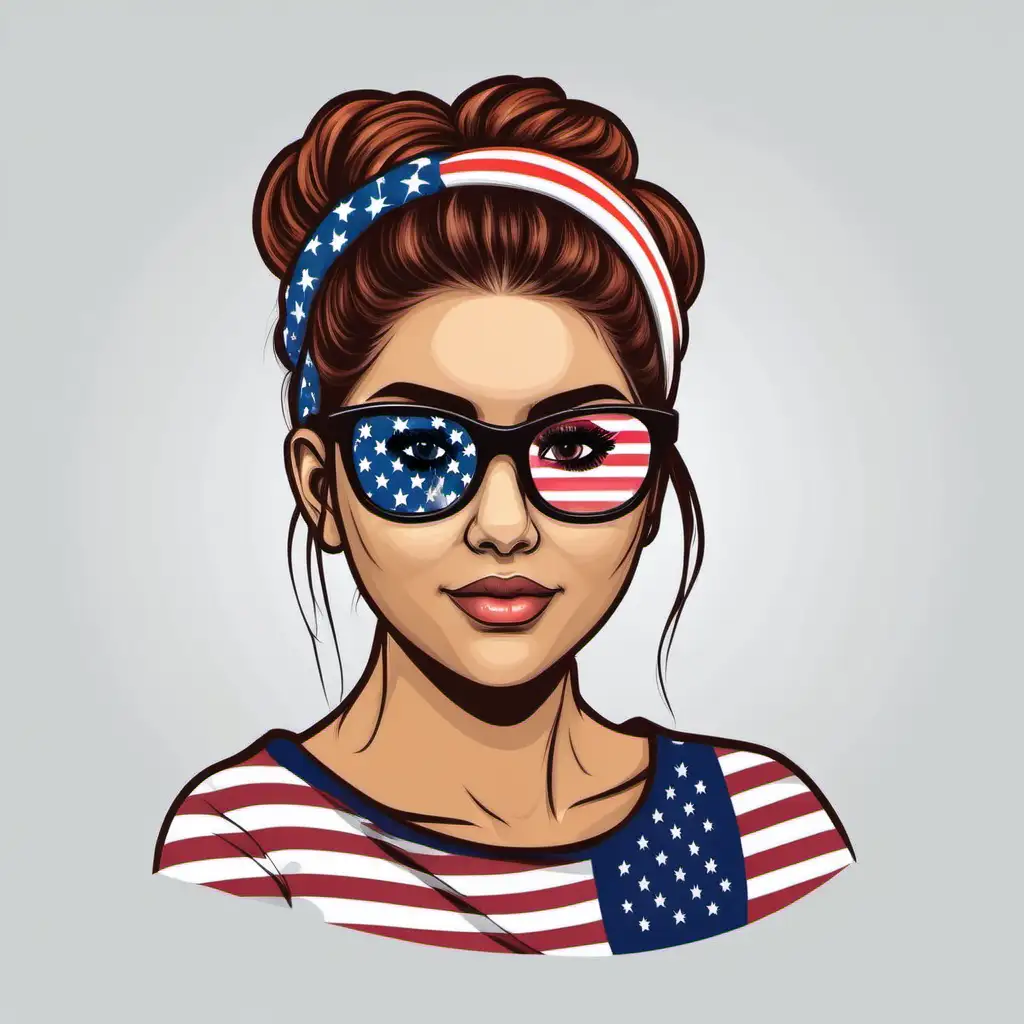 Patriotic Woman with Messy Bun Hairstyle American Flag Headband and Glasses Vector Illustration