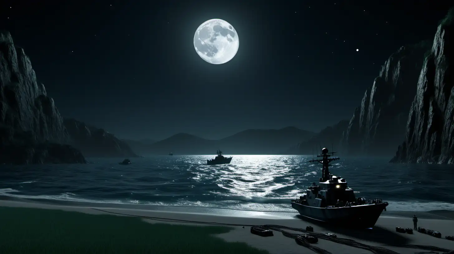 a littoral scene at night.  there should be a combat boat.  the boat is in the water.  the boat is approaching the shore.  no lights on the boat.  there should be a beach, a field and mountains in the background.  There scene should be moonlit.  no moon in the scene.